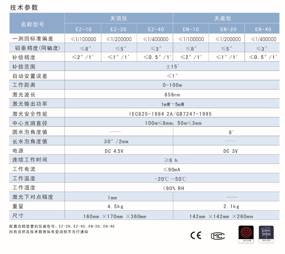 EZ-10、EZ-20、EZ-40激光自動(dòng)安平天頂儀/上垂準(zhǔn)儀技術(shù)參數(shù)